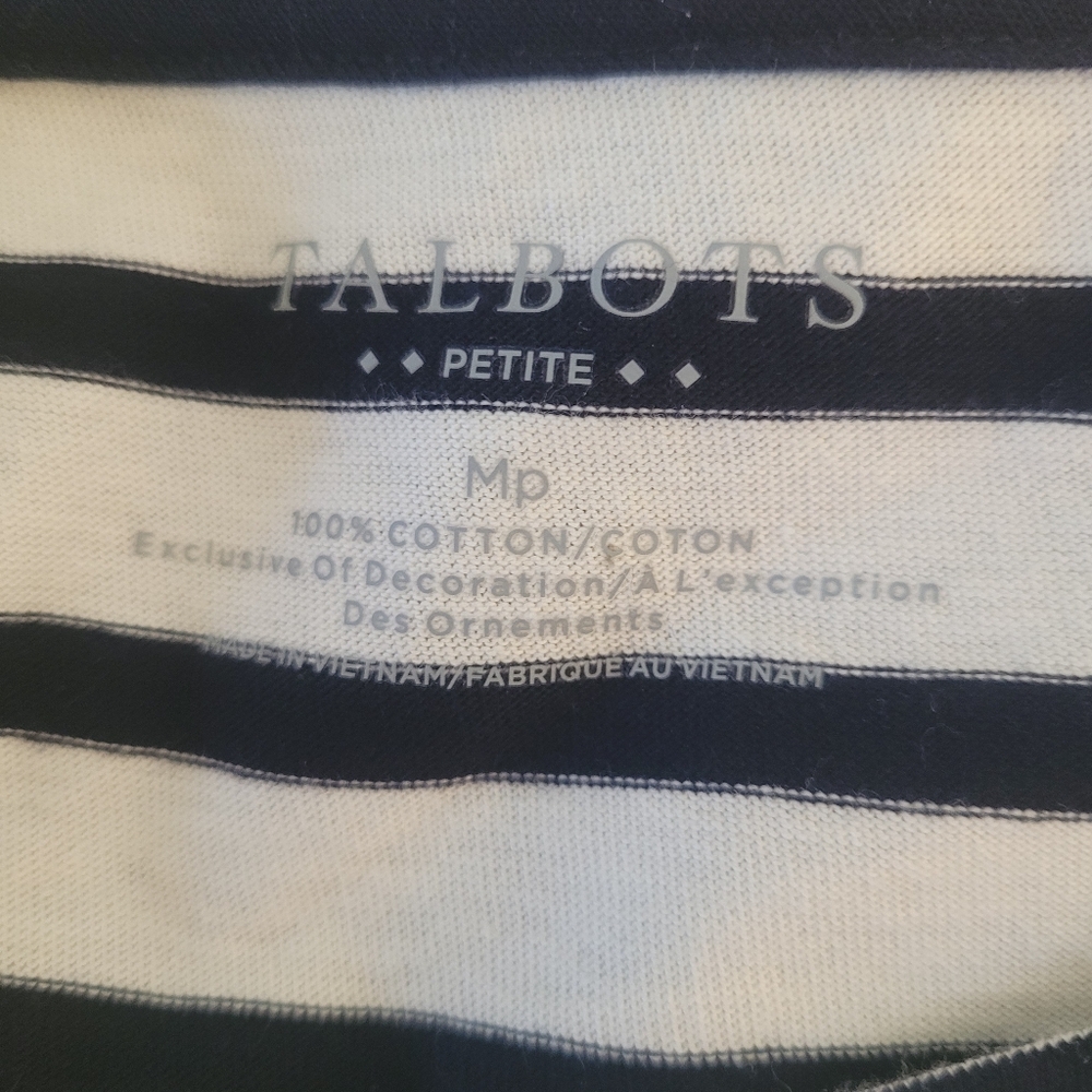 Talbots Round Neck, Owl Motif Striped Long Sleeve Black/White Stretch Top. MP - Picture 7 of 8